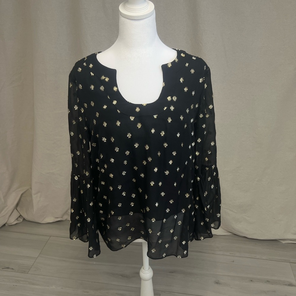 Lilly Pulitzer Amory Pinata Blouse Sz M Black Gold Starry Chiffon Silk